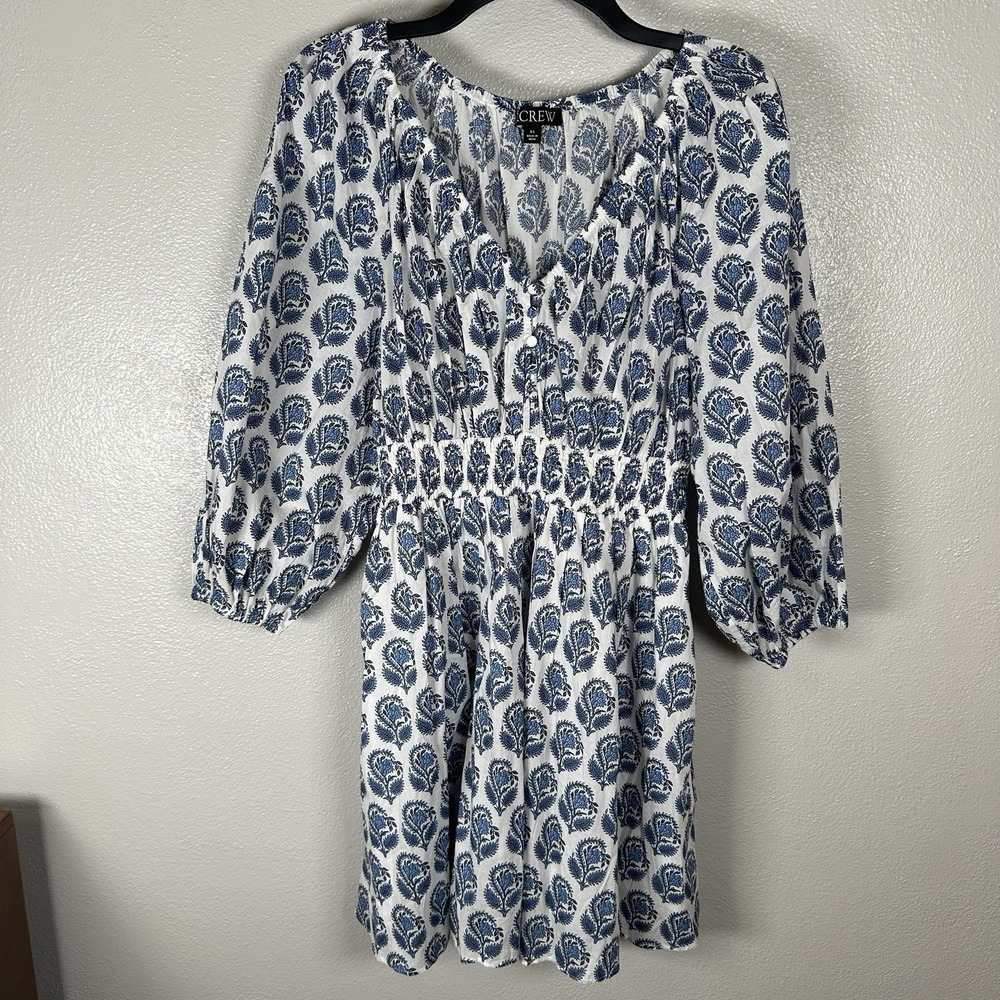 J Crew V‎ Neck Mini Dress Bouquet Block Print Blue White Lined XS Smocked Cotton